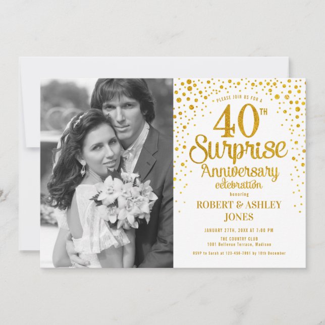 Invitation Surprise 40e anniversaire avec photo - Or blanc (Devant)