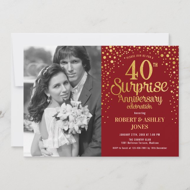 Invitation Surprise 40e anniversaire avec photo - Red Gold (Devant)