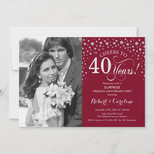 Invitation Surprise 40e anniversaire avec photo rouge argent (Devant)