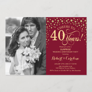 Invitation Surprise 40e anniversaire avec photo rouge or