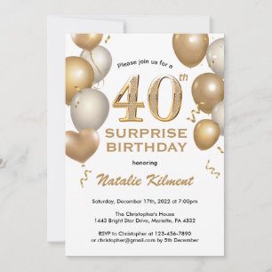 Invitation Surprise 40e anniversaire Ballons blanc et or