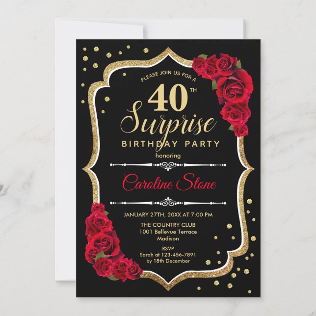 Invitation Surprise 40e anniversaire - Black Gold Red Invitat (Devant)