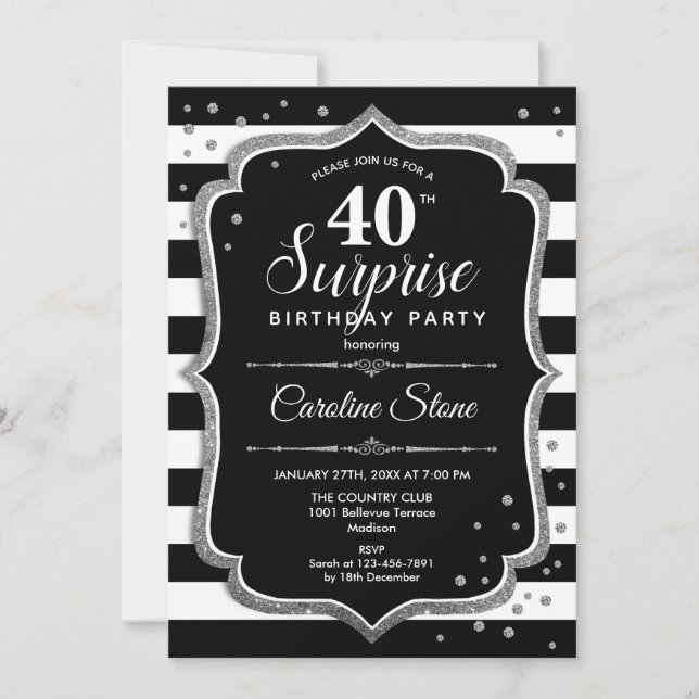 Invitation Surprise 40e anniversaire - Black White Silver (Devant)