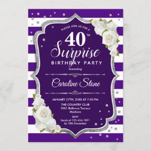 Invitation Surprise 40e anniversaire - Blanc d'argent violet
