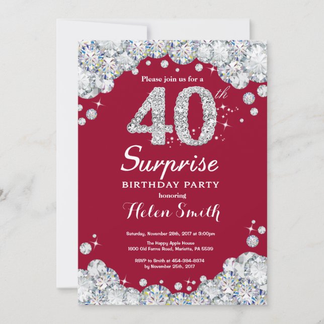 Invitation Surprise 40e anniversaire Bourgogne Rouge Argent D (Devant)
