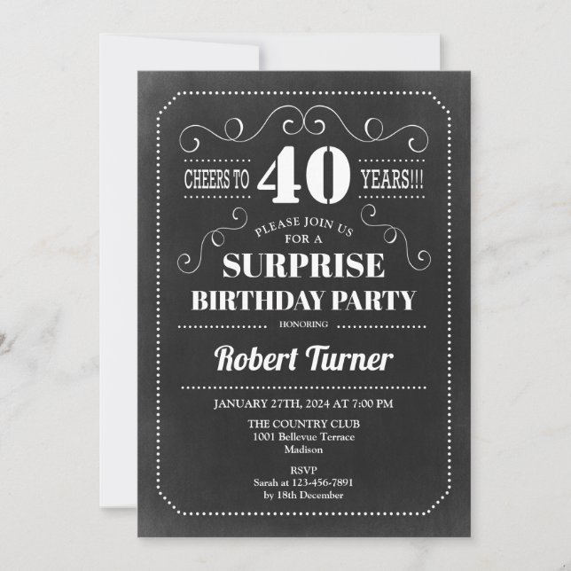 Invitation Surprise 40e anniversaire - Chalkboard N'IMPORTE Q (Devant)