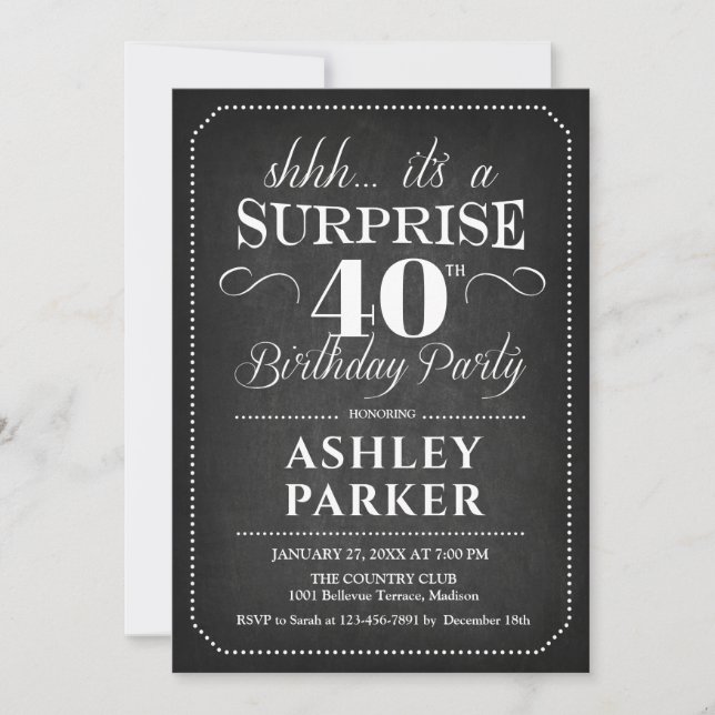 Invitation Surprise 40e anniversaire - Chalkboard noir blanc (Devant)