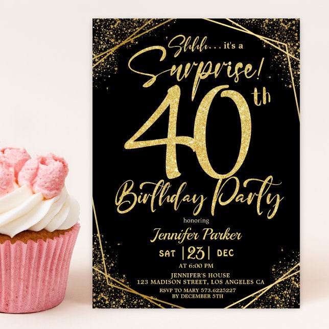 Invitation Surprise 40e anniversaire de fête Black & Gold Par (Créateur téléchargé)