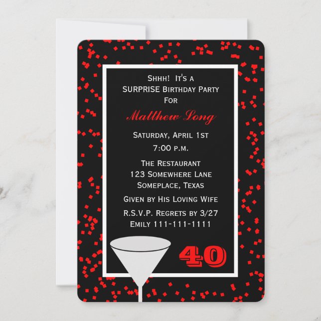 Invitation Surprise 40e anniversaire de fête verre avec Confe (Devant)