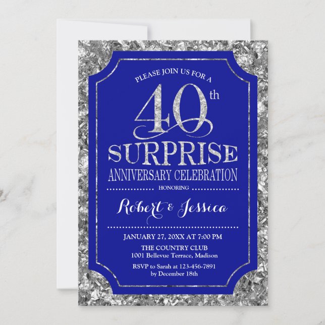 Invitation Surprise 40e anniversaire de Mariage - Argent bleu (Devant)
