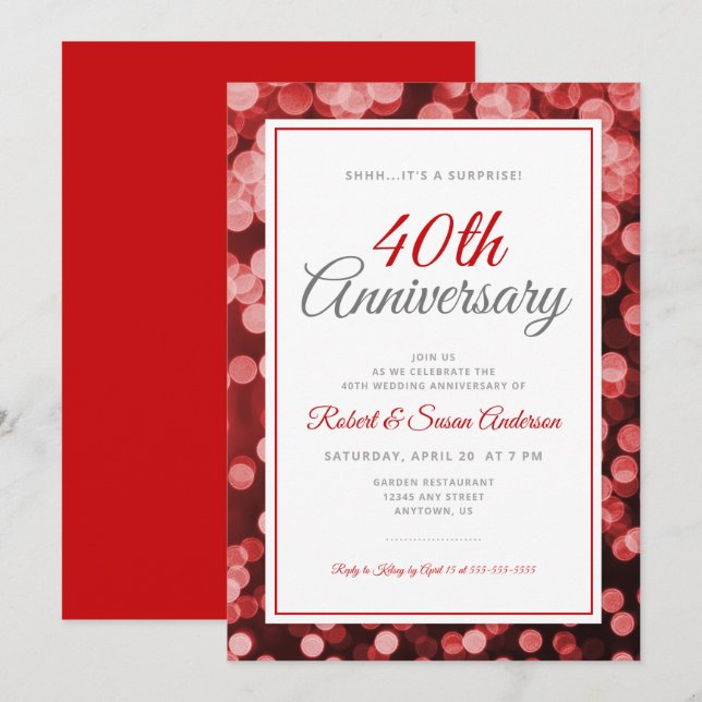 Invitation Surprise 40e anniversaire de mariage | Bokeh rouge (Devant / Derrière)