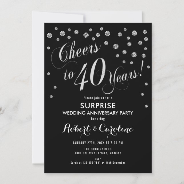 Invitation Surprise 40e anniversaire de mariage - Noir et arg (Devant)