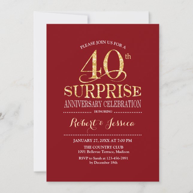 Invitation Surprise 40e anniversaire de mariage - Rouge Or (Devant)