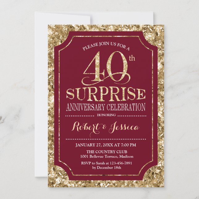 Invitation Surprise 40e anniversaire de mariage - Rouge Or (Devant)