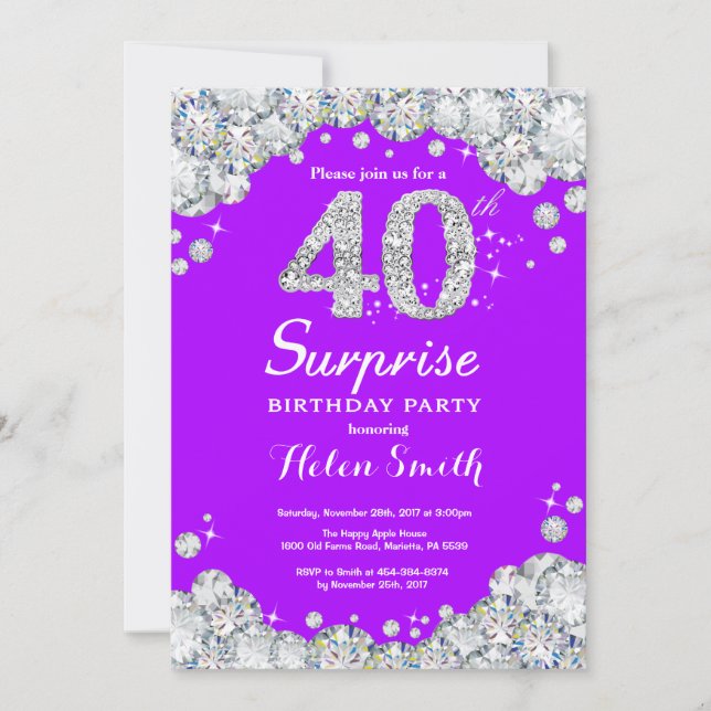 Invitation Surprise 40e anniversaire Diamant mauve et argent (Devant)