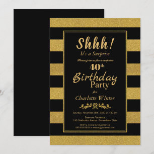 Invitation Surprise 40e anniversaire fête Black Gold rayé