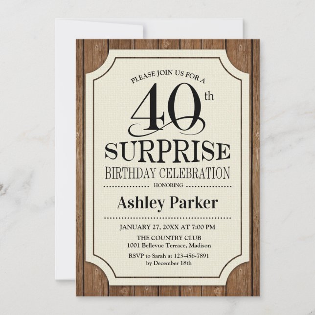 Invitation Surprise 40e anniversaire fête - Motif de bois (Devant)