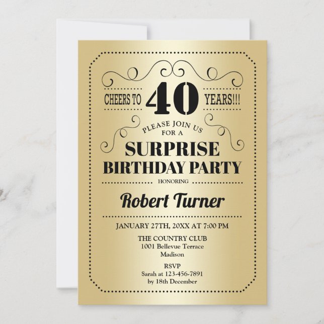 Invitation Surprise 40e anniversaire - Gold Black (Devant)