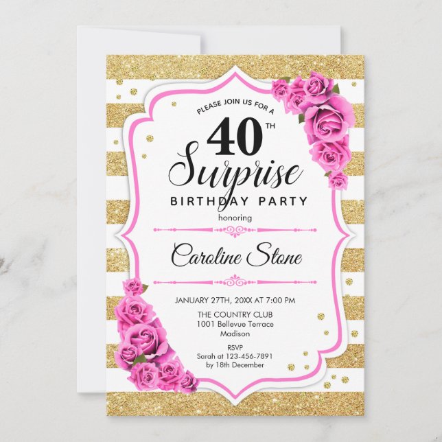 Invitation Surprise 40e anniversaire - Gold White Rose (Devant)