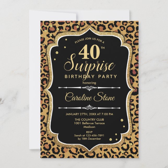 Invitation Surprise 40e anniversaire - Leopard Black Gold (Devant)