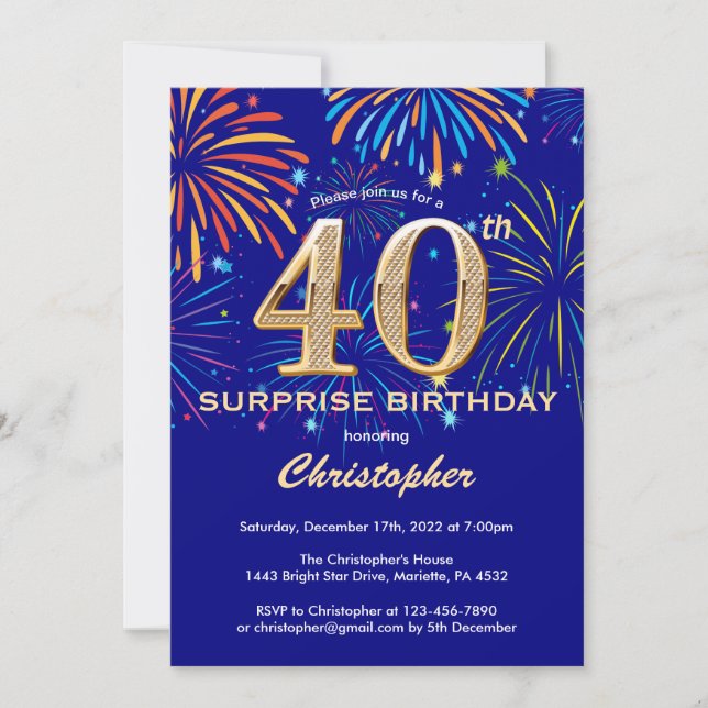 Invitation Surprise 40e anniversaire Marine Blue & Gold Firew (Devant)