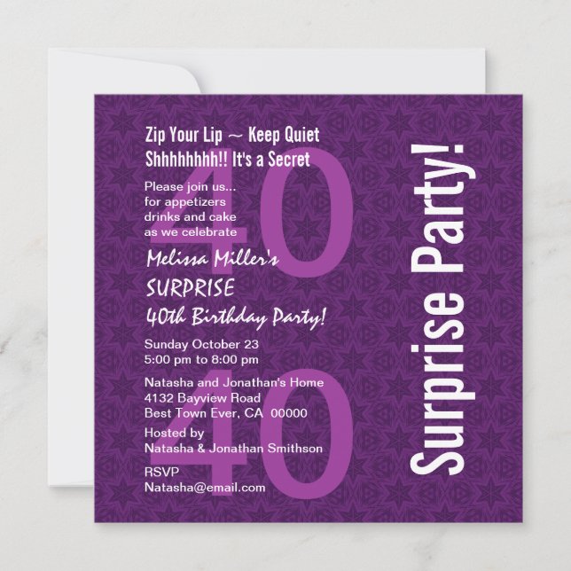Invitation SURPRISE 40e anniversaire Moderne Purple White W18 (Devant)