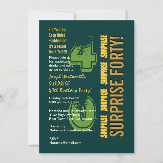 Invitation SURPRISE 40e anniversaire moderne Vert et or (Devant)