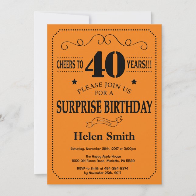 Invitation Surprise 40e anniversaire Noir et orange (Devant)