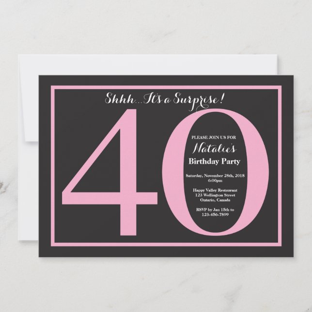Invitation Surprise 40e anniversaire Pink and Black Chalkboar (Devant)