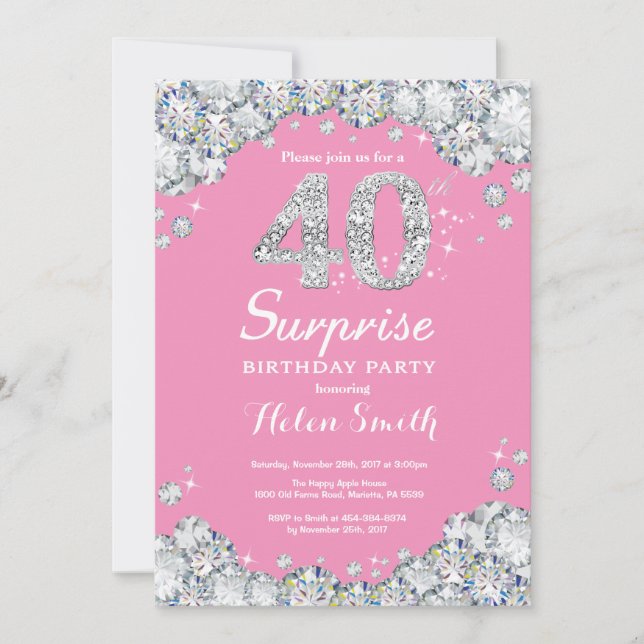 Invitation Surprise 40e anniversaire rose et diamant d'argent (Devant)