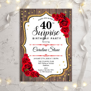 Invitation Surprise 40e Anniversaire - Roses Rouges Bois Rust