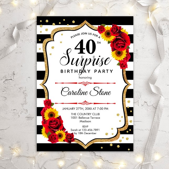 Invitation Surprise 40e anniversaire - Roses rouges tournesol (Créateur téléchargé)