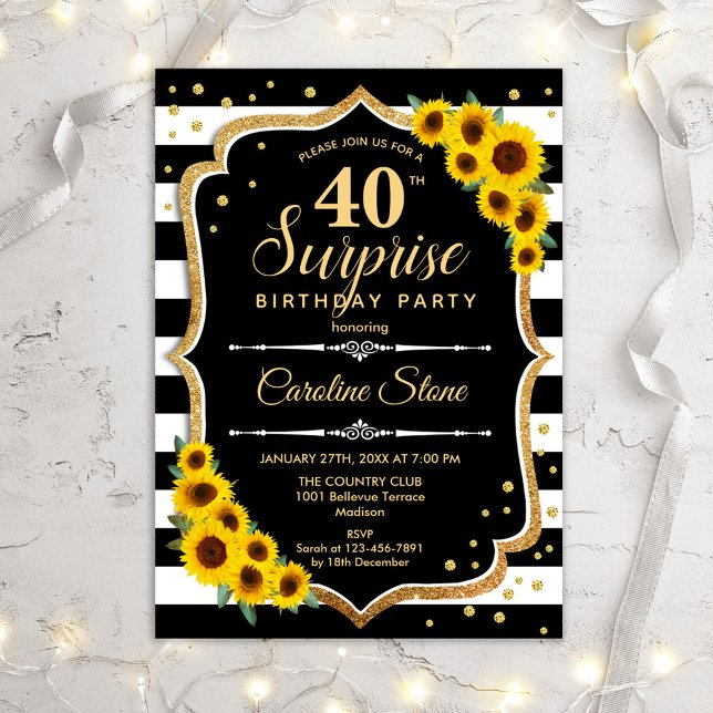 Invitation Surprise 40e anniversaire - Sunflowers Black Gold (Créateur téléchargé)