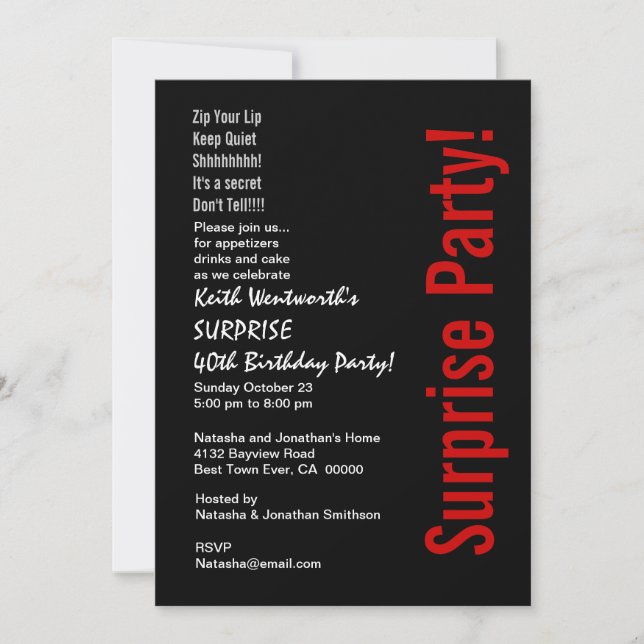 Invitation SURPRISE 40e anniversaire tendance noir blanc roug (Devant)