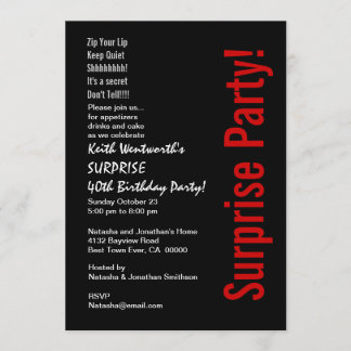 Invitation SURPRISE 40e anniversaire tendance noir blanc roug