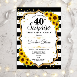 Invitation Surprise 40e anniversaire - Tournesols Noir Blanc