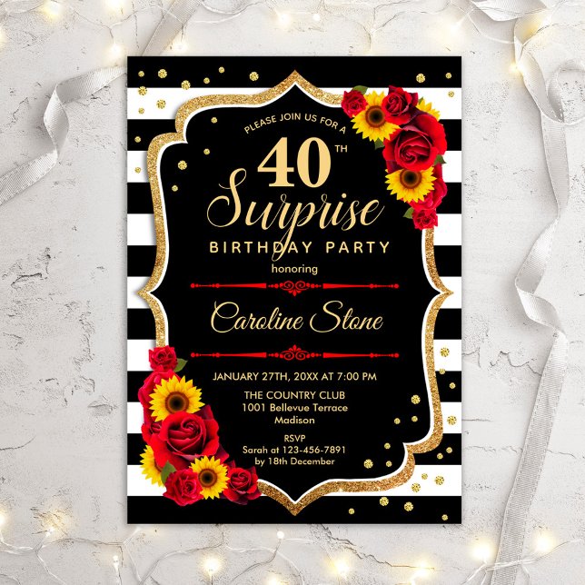 Invitation Surprise 40e anniversaire - Tournesols Roses rouge (Créateur téléchargé)