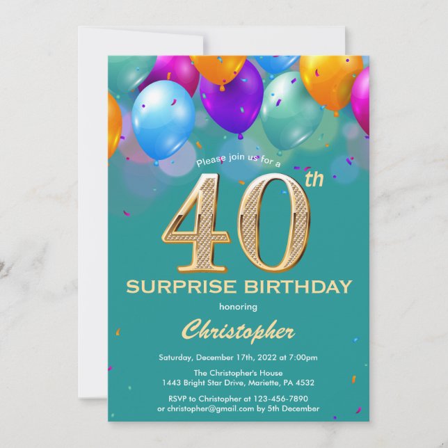 Invitation Surprise 40e anniversaire Turquoises et Ballons d' (Devant)