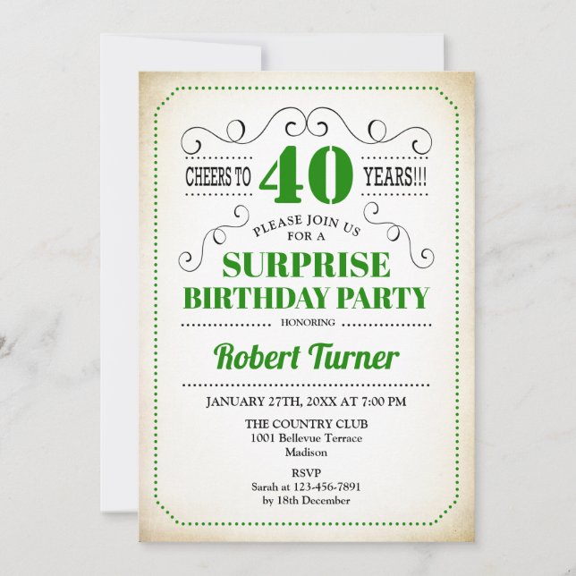 Invitation Surprise 40e anniversaire - Vert Blanc Noir (Devant)