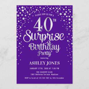 Invitation Surprise 40e fête d'anniversaire - Argent & Violet