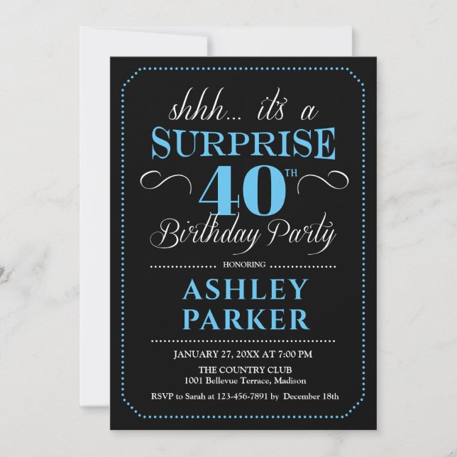 Invitation Surprise 40e fête d'anniversaire - Black Blue (Devant)
