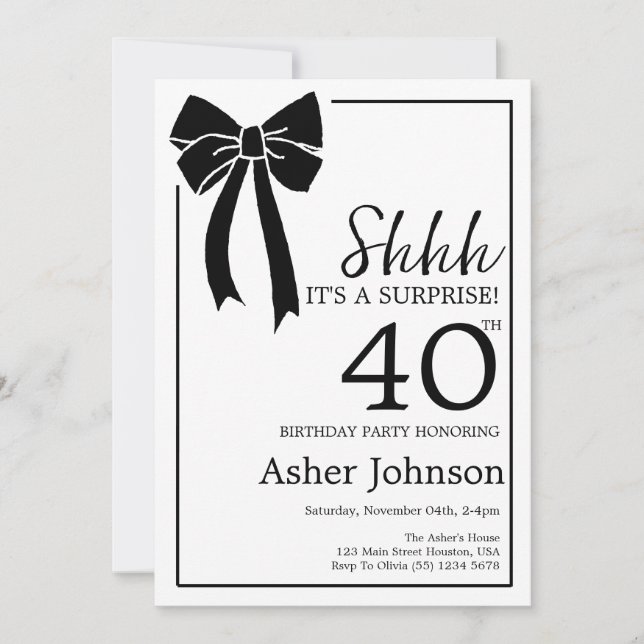 Invitation Surprise 40e fête d'anniversaire Black Bow Coquett (Devant)