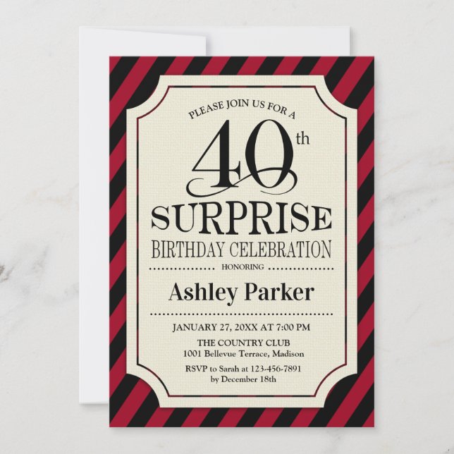 Invitation Surprise 40e fête d'anniversaire - Black Red Strip (Devant)