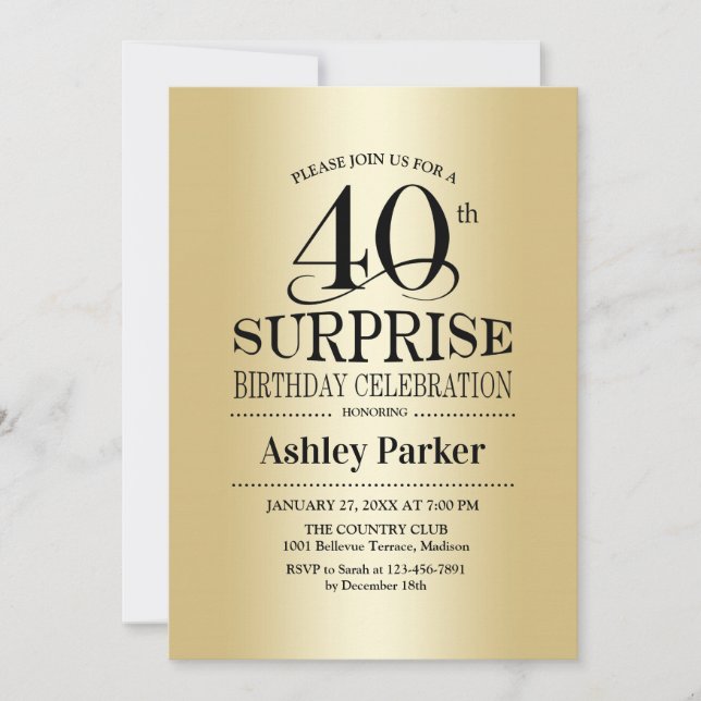 Invitation Surprise 40e fête d'anniversaire - Gold (Devant)