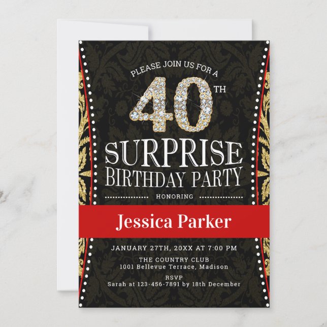 Invitation Surprise 40e fête d'anniversaire - Gold Black Red (Devant)