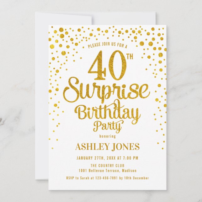 Invitation Surprise 40e fête d'anniversaire - Gold & White (Devant)