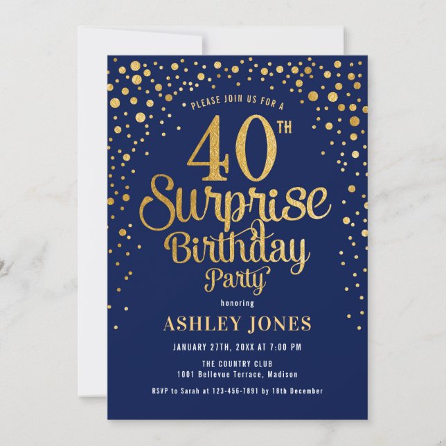 Invitation Surprise 40e fête d'anniversaire - Marine & Gold (Devant)