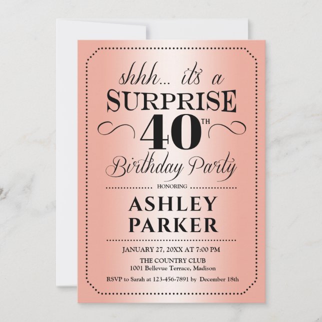Invitation Surprise 40e fête d'anniversaire - Rose Gold (Devant)