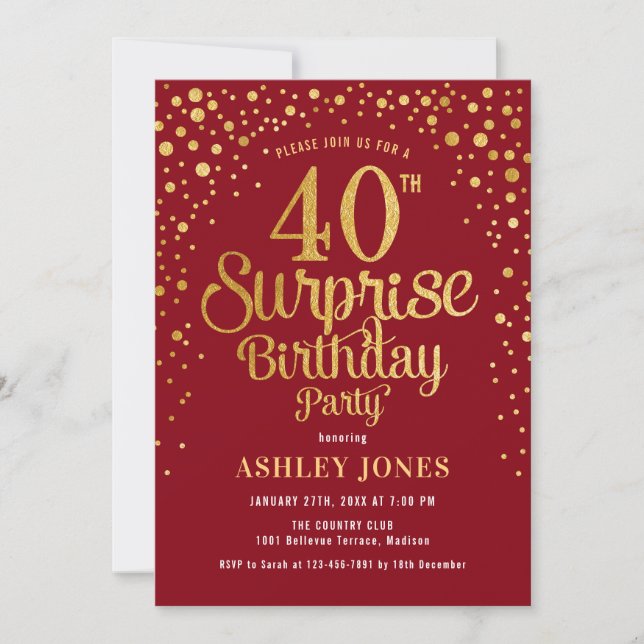 Invitation Surprise 40e fête d'anniversaire - Rouge & Or (Devant)