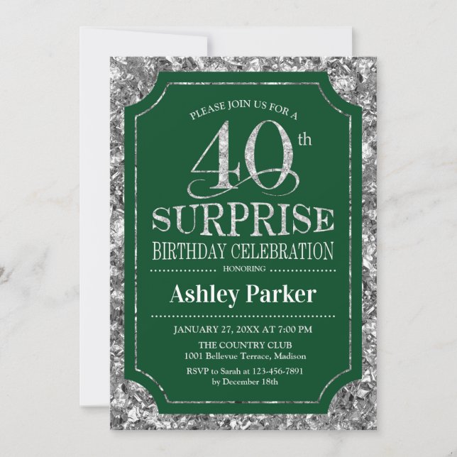 Invitation Surprise 40e fête d'anniversaire - Silver Green (Devant)